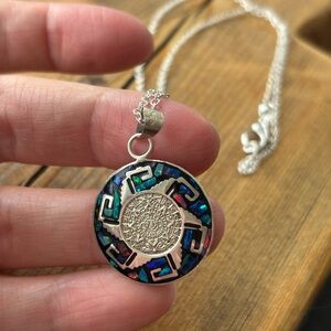 sterling silver Aztec calendar pendant necklace with opal or abalone inlay